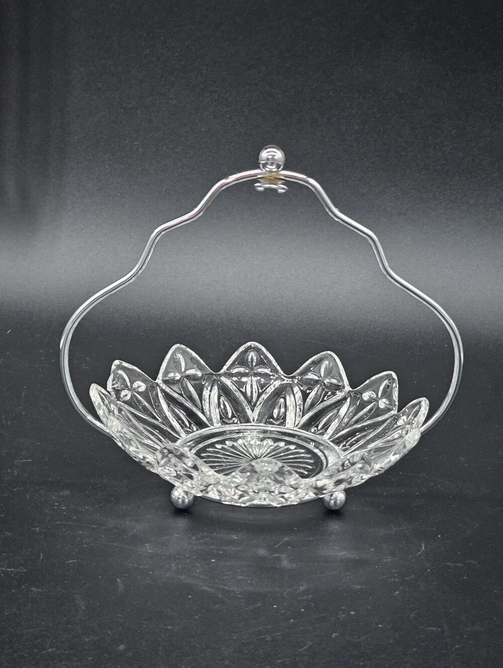 Vintage Federal Glass Petal Clear Pressed Glass Candy Relish Dish with Chrome Ha